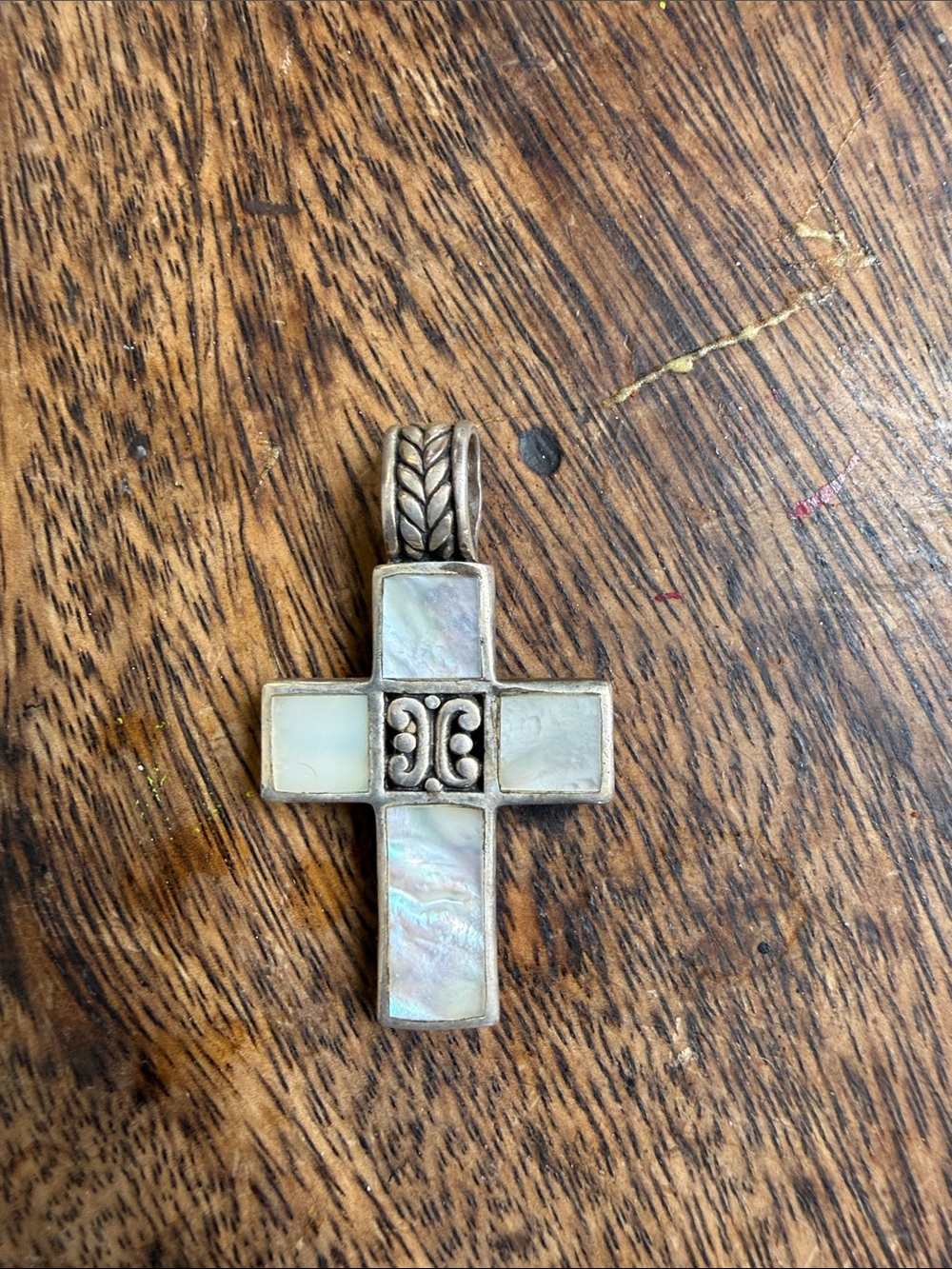 Vintage Sterling Silver 925 Mother of Pearl Cross Pendant Lg Artisan Religious - Picture 2 of 9